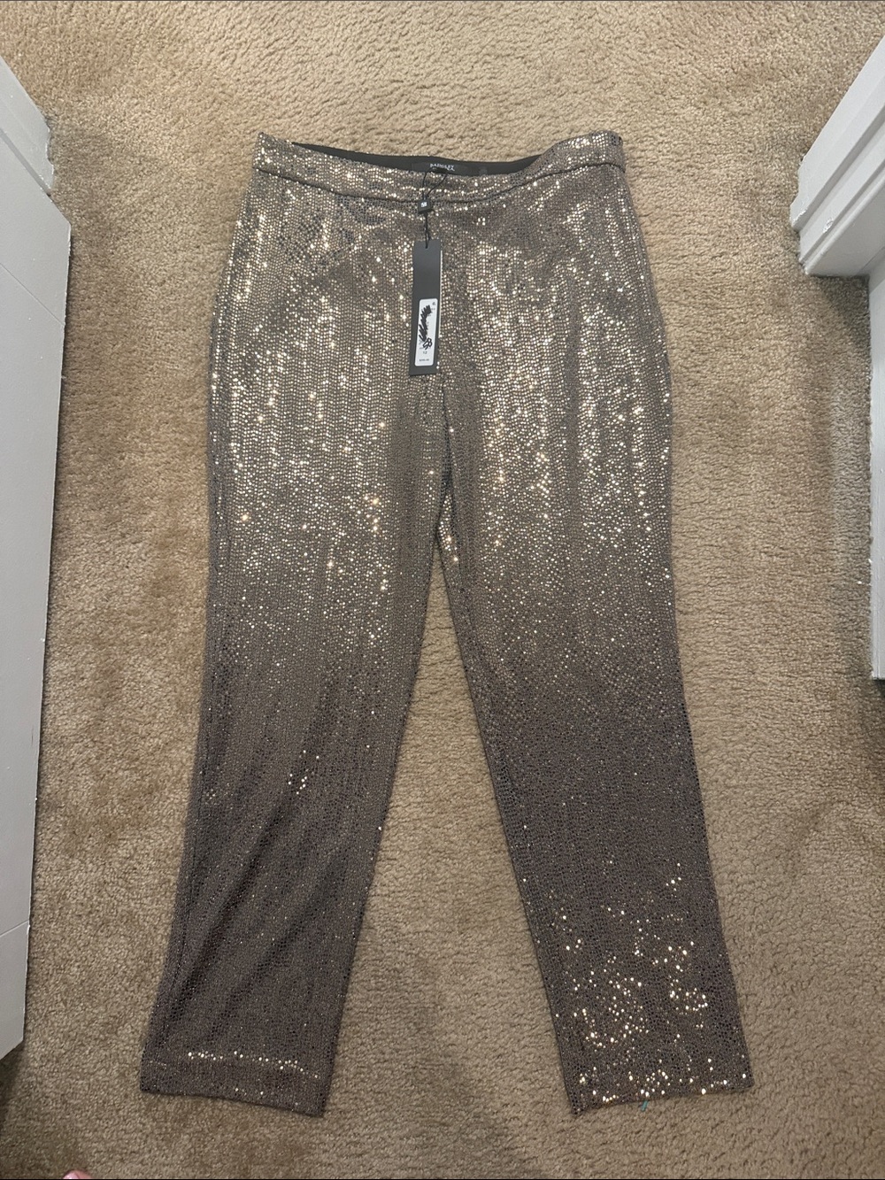 Badgley Mischka Metallic Sequin Straight-Leg Pants — Champagne/Silver Shine